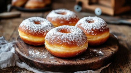 Four freshly baked donuts dusted with powdered sugar on a wooden board.