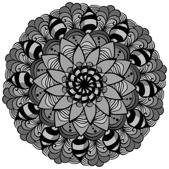 Gray mandala with fantasy volumetric zen patterns, fantasy flower for logo or design