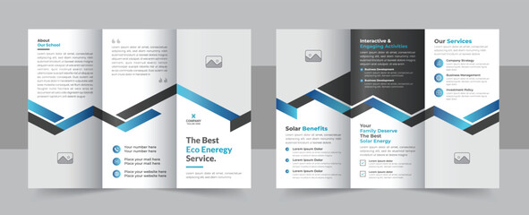 Solar energy trifold brochure template design layout, eco energy tri fold brochure folder leaflet