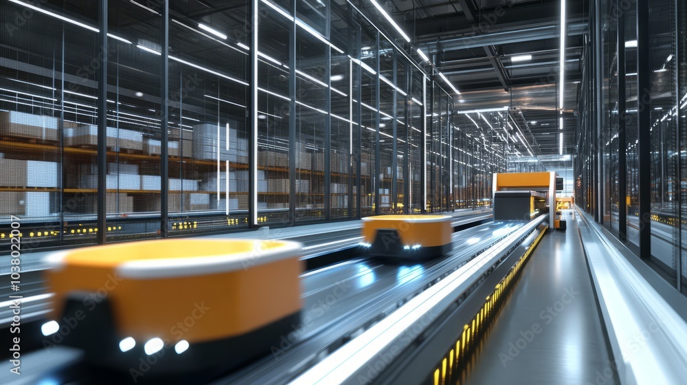Poster automated warehouse efficiency: orange autonomous robots on conveyor belt system