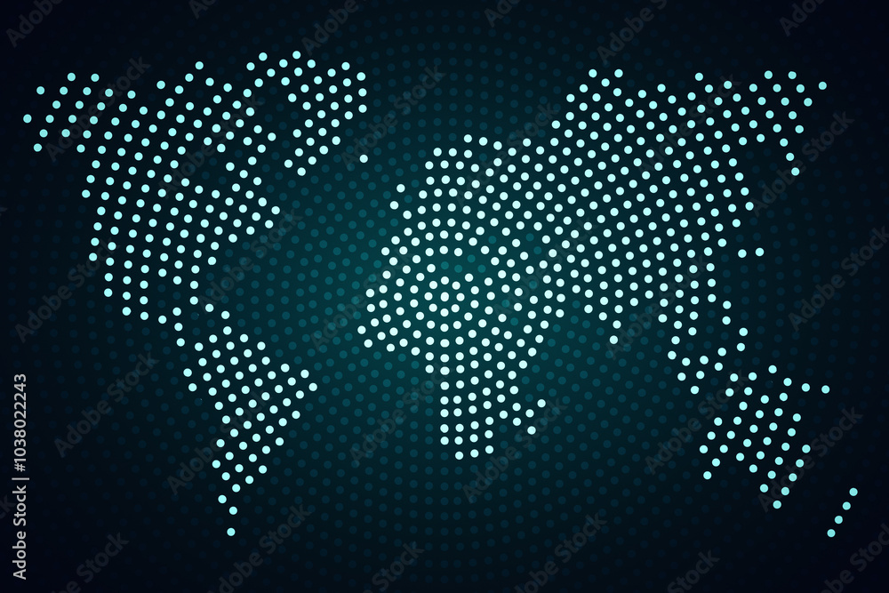 Poster front view on digital graphic white dotted world map on abstract dark background, design template. 3