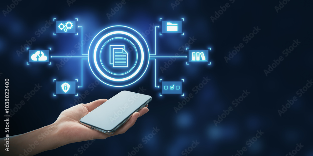 Poster digital document management concept with smartphone and cloud icons.