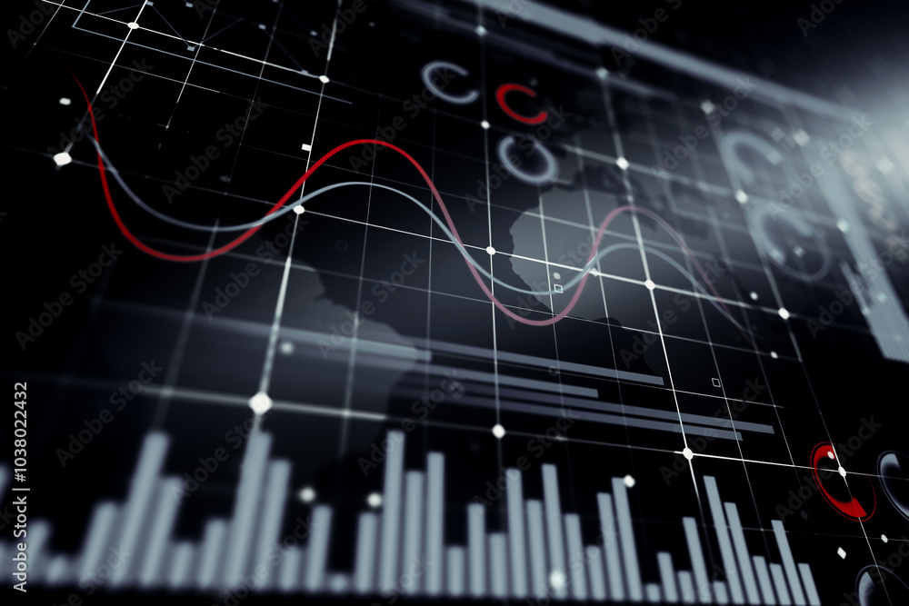 Leinwandbilder Business analytics concept with bottom view on modern stats infographic interface with grey diagram, graphs and technological indicators. 3D rendering