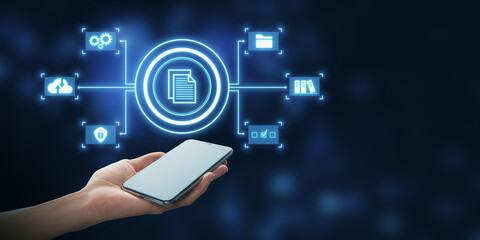 Digital document management concept with smartphone and cloud icons.
