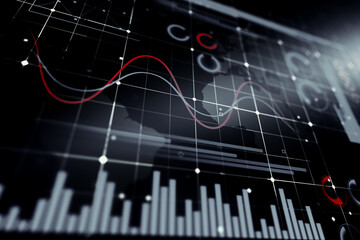 Business analytics concept with bottom view on modern stats infographic interface with grey diagram, graphs and technological indicators. 3D rendering