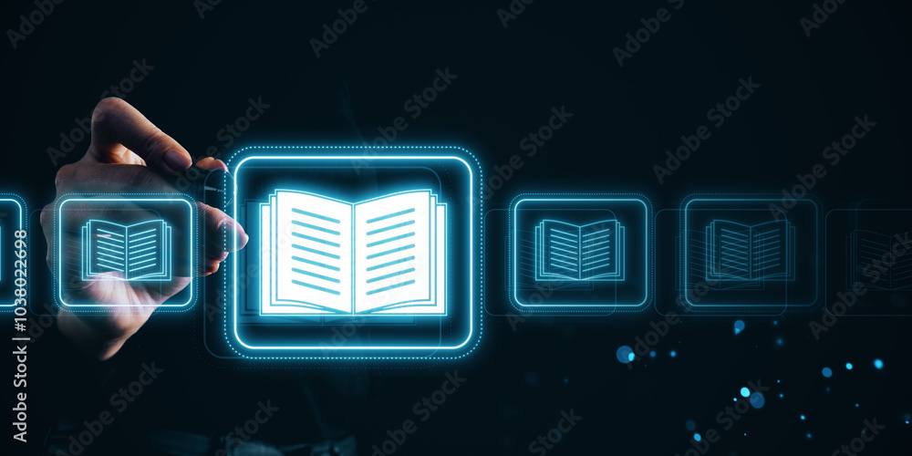 Poster hand selecting a glowing digital book icon on a futuristic virtual interface.