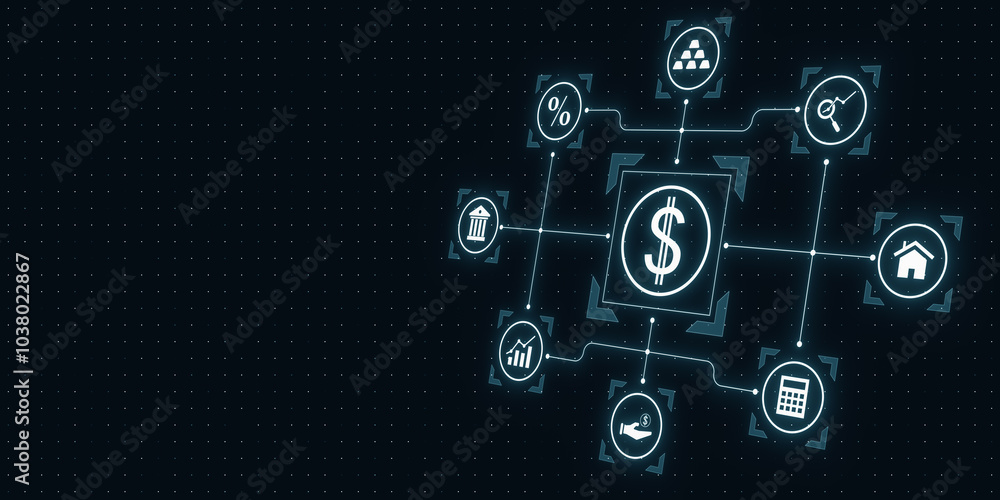 Poster digital dollar interface with financial icons on dark background. 3d rendering