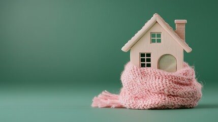 Miniature wooden house wrapped in a pink knit scarf symbolizes warmth and home insulation on a green background.