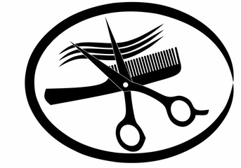 The logo features a sleek design of scissors, a comb and hair arranged in a circular enzo pattern. icon  for cosmetology, make-up and hair art. white background