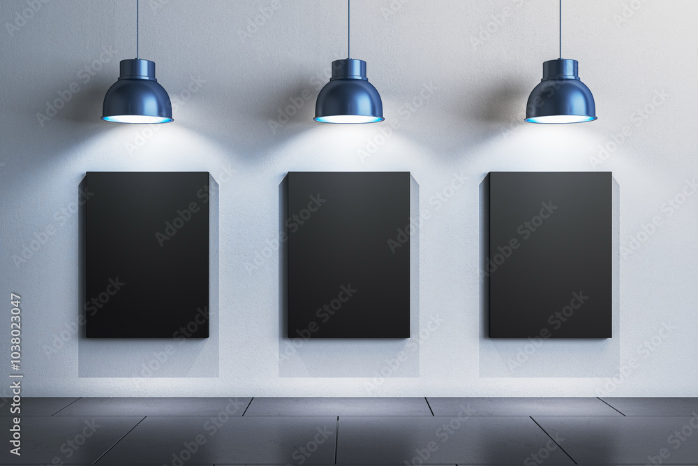 Aufkleber gallery with empty frames and pendant lamps for modern design presentation. 3d rendering