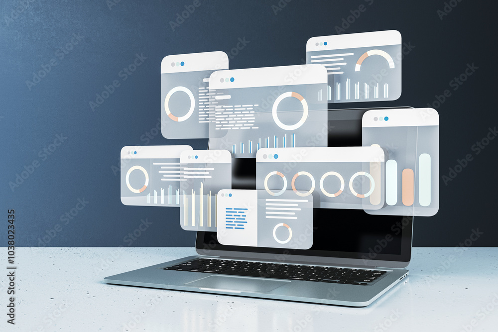 Poster Data analytics interface on laptop screen with graphical elements. 3D Rendering