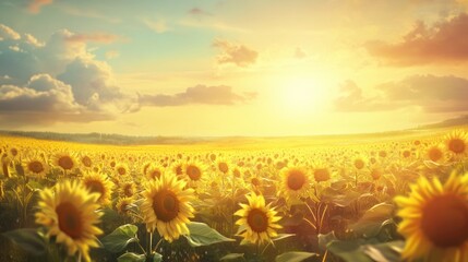 Obraz premium A vibrant sunflower field under a golden sunset, showcasing nature's beauty and tranquility.