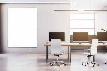 Modern office interior with empty desks and computers. 3D Rendering