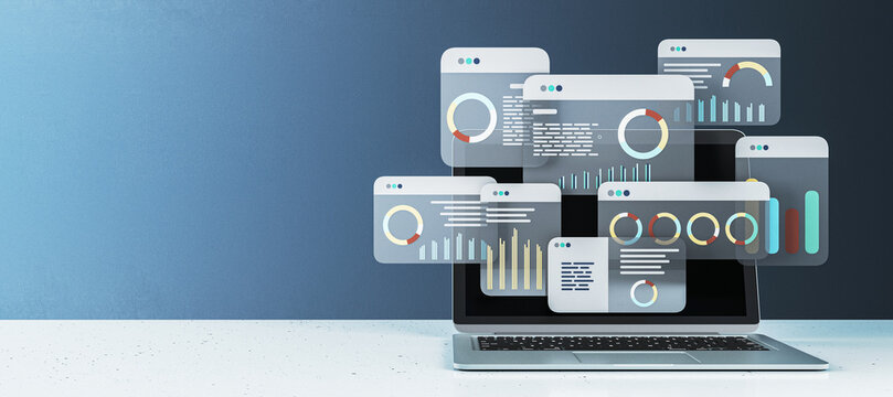 Digital financial data analysis interface on a laptop screen. 3D Rendering