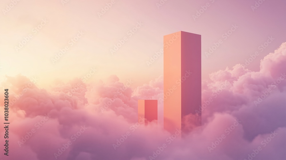 Poster minimalist structures emerging from peach clouds