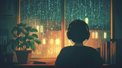 lo-fi style video of a person wearing headphones, listening to music at night, soft rain falling outside a cozy room, warm lighting and tranquil atmospher
