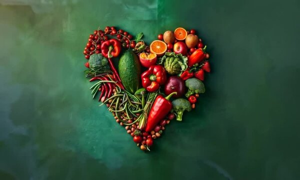 Healthy food theme background, with a love shape for fruit and vegetable foods, with a space for text area, flat from the top