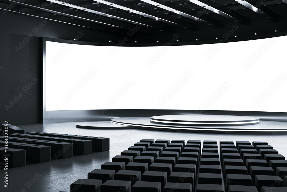 Poster Modern auditorium with black seats and large presentation screen in front of curved stage. 3D Rendering