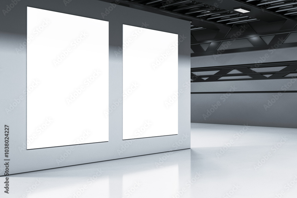 Sticker Modern large empty industrial space with two vertical display panels. 3D Rendering