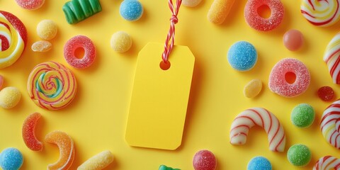 Colorful Candies Surround Yellow Tag