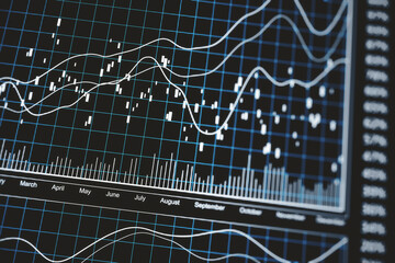 Financial accounting and stock market data concept with white digital diagram, graphs and statistic indicators. 3D rendering