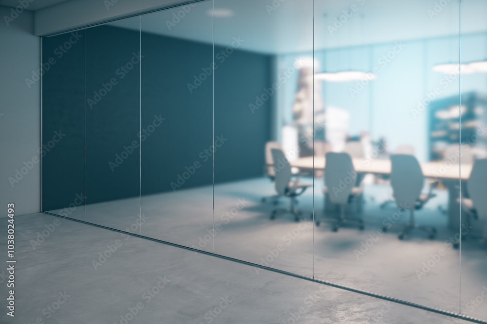 Poster side view on meeting room with light modern furniture and city view from glass wall behind blurred g