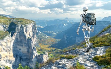 Skeleton Hiking. A 3D skeleton hiking up a mountain trail, wearing a backpack and hiking boots, with a stunning view of the mountains and valley below. 