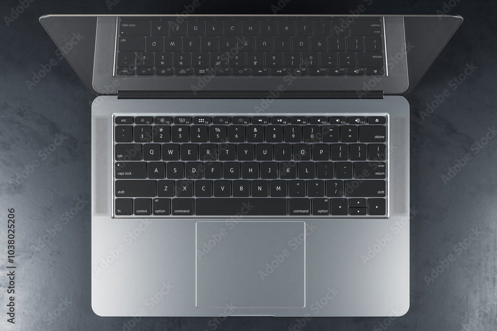 Aufkleber Top view on modern laptop with black keyboard on abstract dark concrete surface. 3D rendering