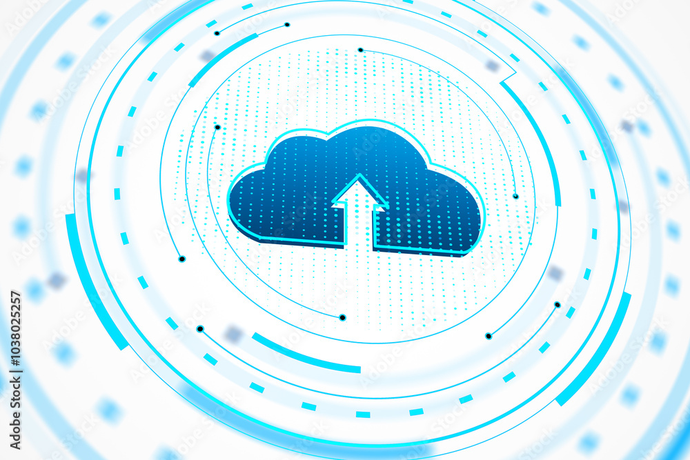 Aufkleber Abstract cloud computing icon with upload sign on tech-themed background. 3D Rendering