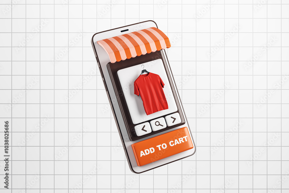 Poster Mobile shopping interface with Add to Cart button and clothing on screen. 3D Rendering