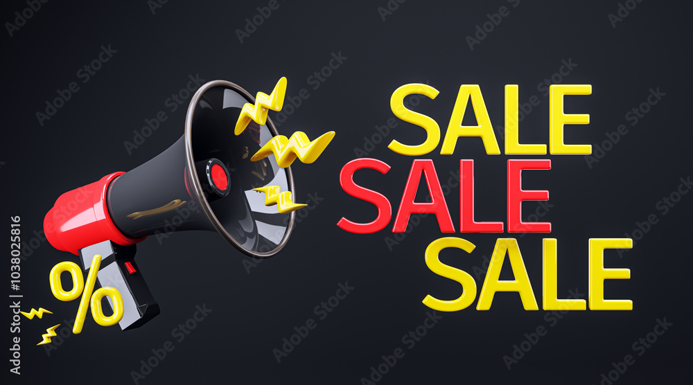 Poster megaphone with sale announcement in red and yellow colors on dark background. 3d rendering