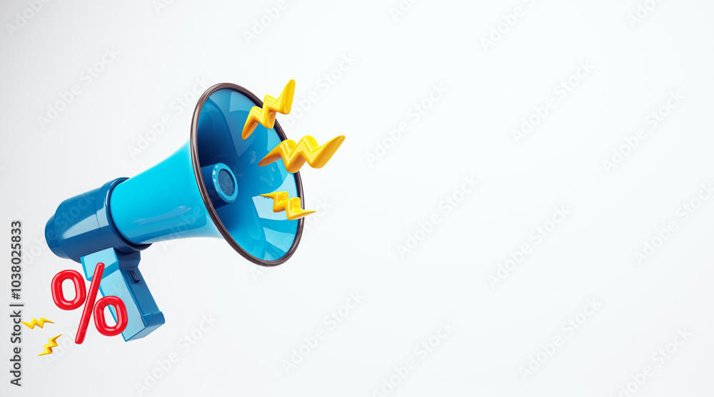 Poster loudspeaker with sound effects and discount symbol in modern design. 3d rendering