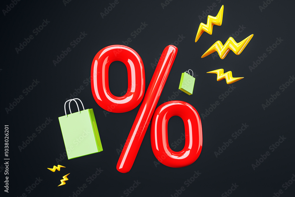 Poster discount percentage icon with shopping bags and lightning on a black background. 3d rendering