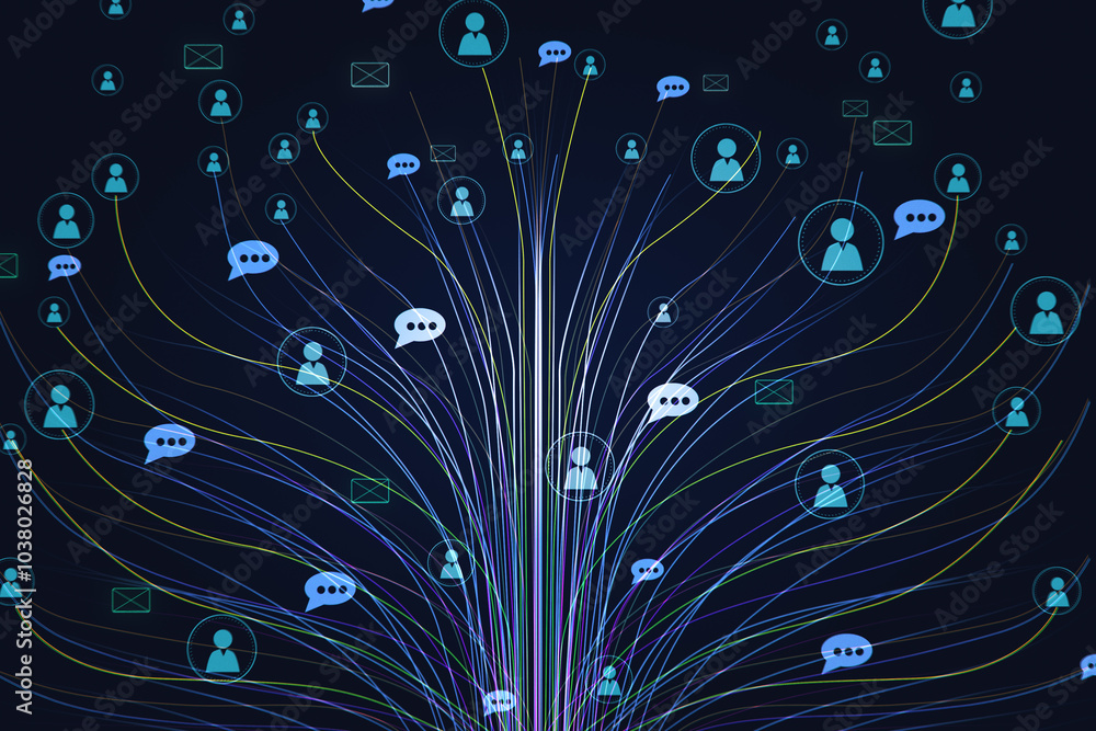 Poster Personal data and people connection concept with digital graphic linen tree with user and speech bubble symbols on it on abstract dark background. 3D rendering