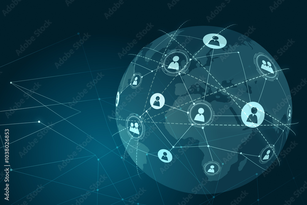 Aufkleber Global communication and social network concept with digital user icons connected by lines on world map globe on abstract dark blue background. 3D rendering
