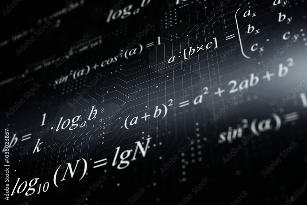 Poster Education and math science concept with perspective view on mathematical formulas on dark technological world map background. 3D rendering