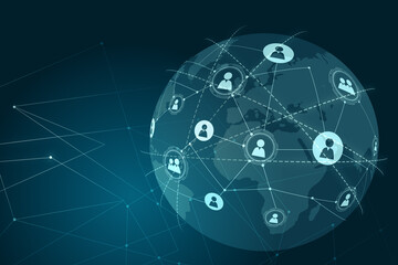Global communication and social network concept with digital user icons connected by lines on world map globe on abstract dark blue background. 3D rendering