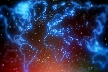Worldwide connection and global network concept with digital glowing world map contour on abstract sunlit dark background with lines and dots. 3D rendering