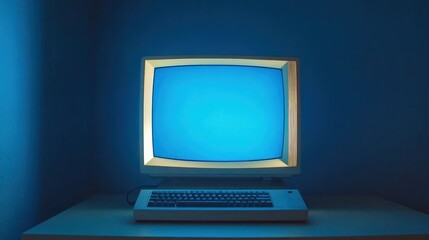 A retro computer monitor displaying a blue screen, emphasizing vintage technology aesthetics.