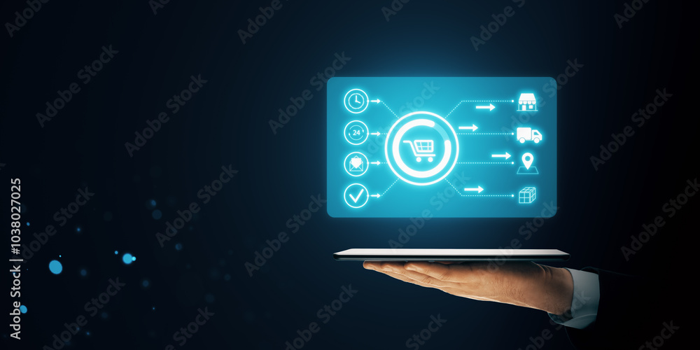 Poster hand holding a tablet with a glowing virtual shopping interface on a dark background.