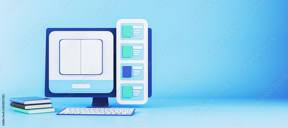 Poster Computer with educational tools and books on a blue background. 3D Rendering