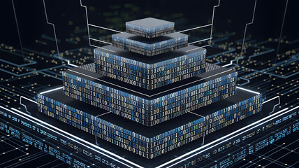 Fototapeta premium Abstract layers of binary code forming a pyramid of financial reports, symbolizing structured data-driven growth. ( Business Concept )