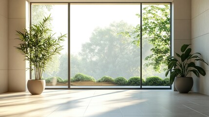 Fototapeta premium Bright interior with large windows showcasing greenery outside.