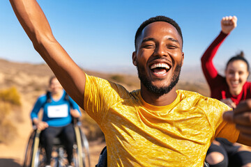 Excited man in a yellow shirt cheering with friends during an outdoor race. The man joyfully raises his arms, leading a diverse group of participants, including individuals in wheelchairs, celebrating