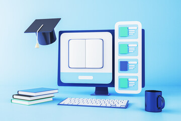Online education concept with computer, books, and mug on blue background. 3D Rendering