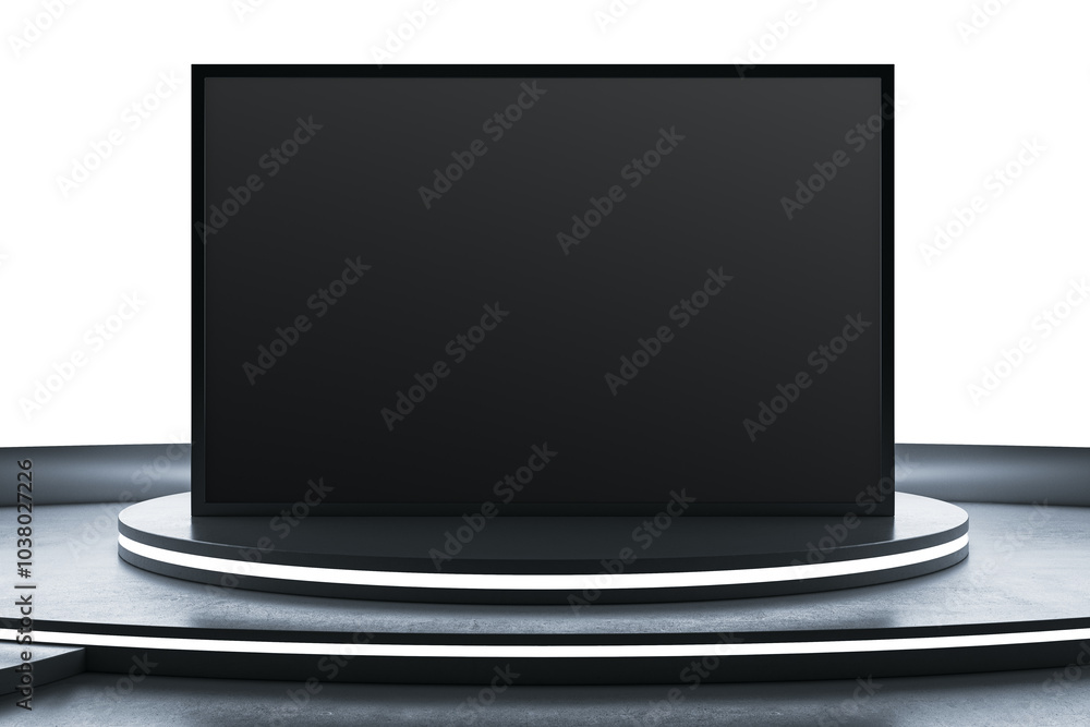 Poster Large black screen on a circular stage with illuminated steps. 3D Rendering