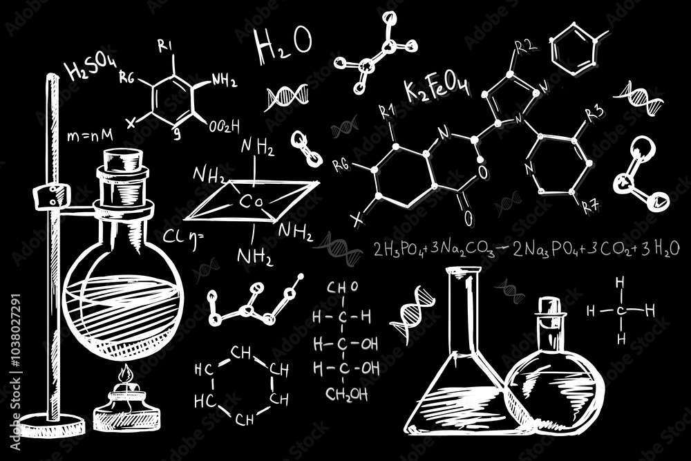 Poster Education, exact sciences and development concept with chalk handwritten chemical formulas and flasks on blackboard background. 3D rendering