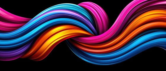 A vibrant composition of swirling, colorful waves of blue, pink, and orange against a black background, showcasing fluid movement and artistic design.