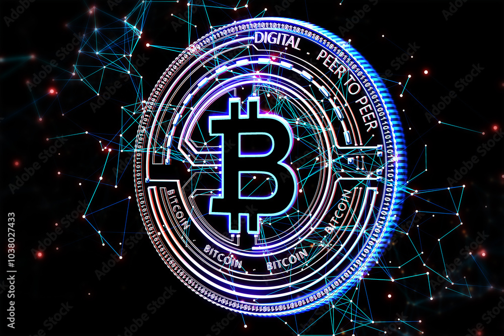 Poster Digital money exchange and crypto currency concept with digital blue bitcoin icon on dark technological background. 3D rendering