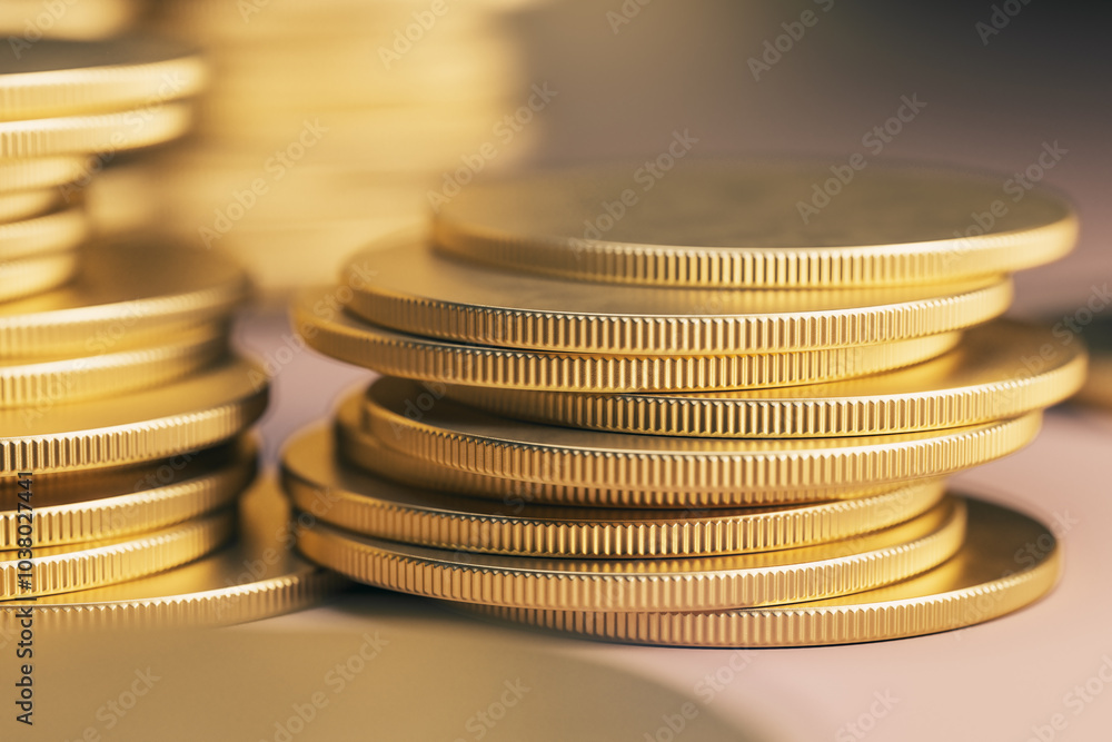 Aufkleber wealth and savings concept with golden coin stacks close up. 3d rendering